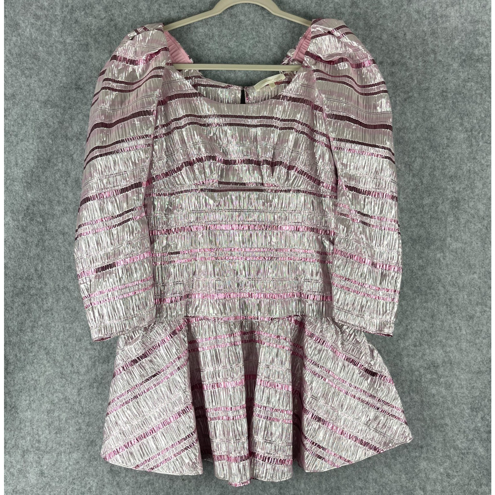 LoveShackFancy Aninna Mini Dress Womens 8 Pink Striped Metallic Bow Fairy